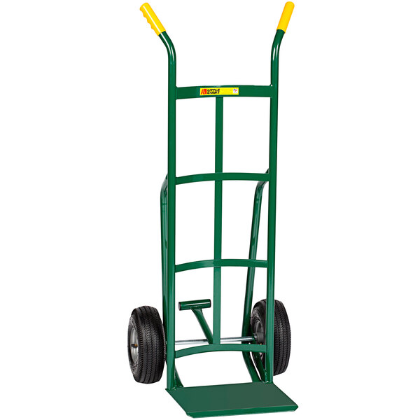 A green hand truck with yellow handles.