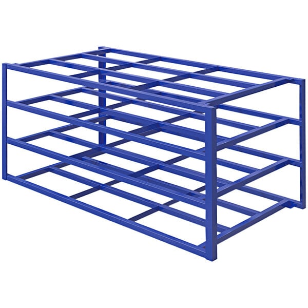 A blue metal Vestil rack with four shelves.