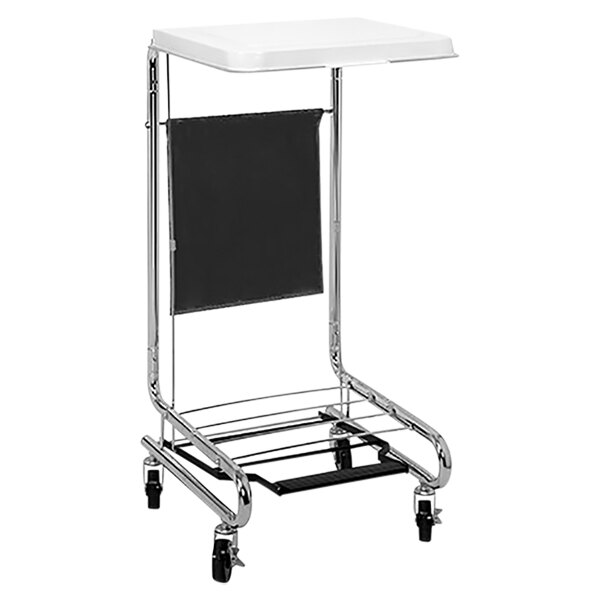 A white metal rectangular laundry cart with black wheels and a black handle.