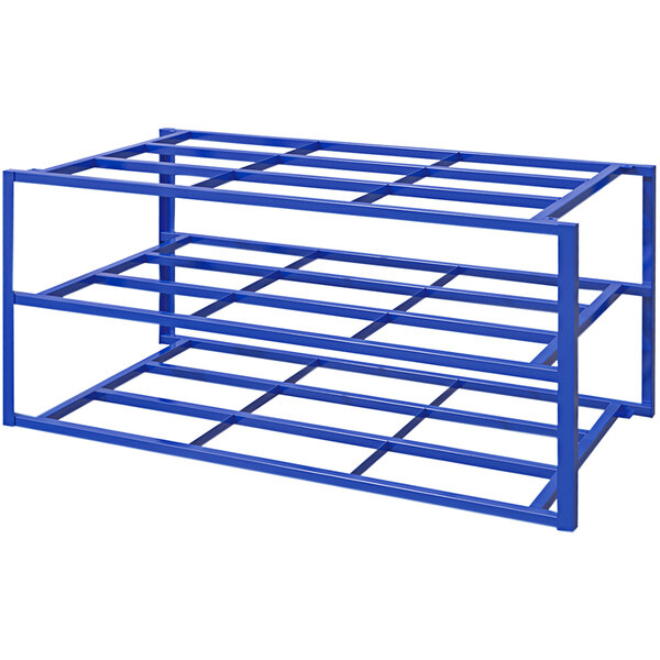 A blue metal Vestil sheet material rack with four horizontal shelves.