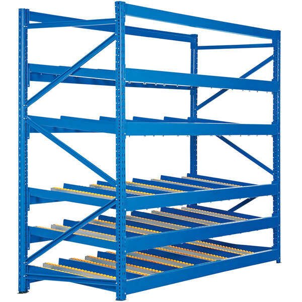A blue metal Vestil carton rack with 5 shelves.