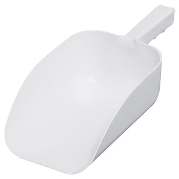 A white plastic scoop with a handle.