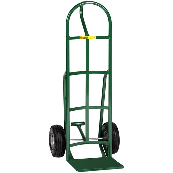 A green hand truck with a green handle and black wheels.