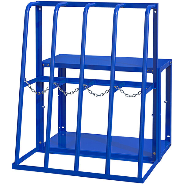 A blue Vestil steel storage rack with security chains and shelves.