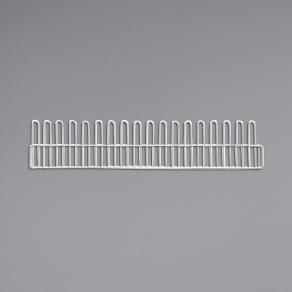 A white plastic long divider for a wire basket.