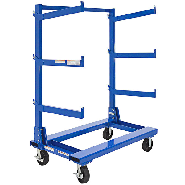 A blue Vestil cantilever cart with 6 adjustable arms and wheels.
