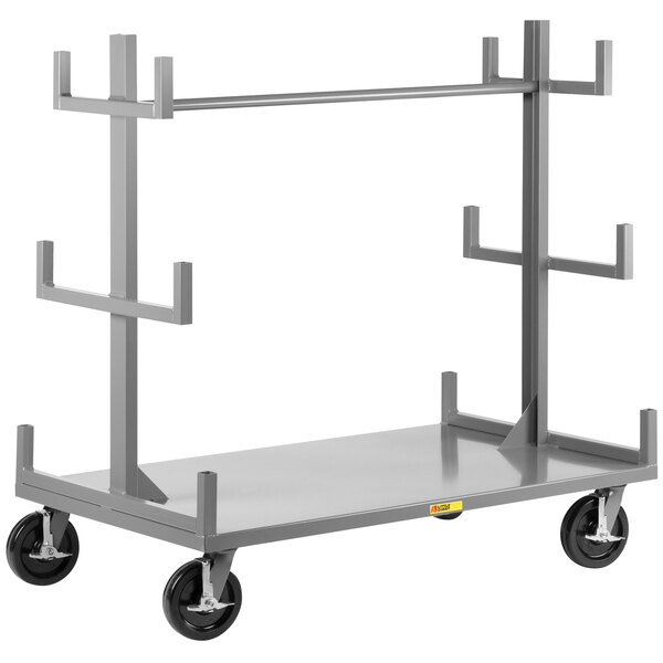 A gray metal Little Giant bar and pipe cart with three levels and 12 cradles.