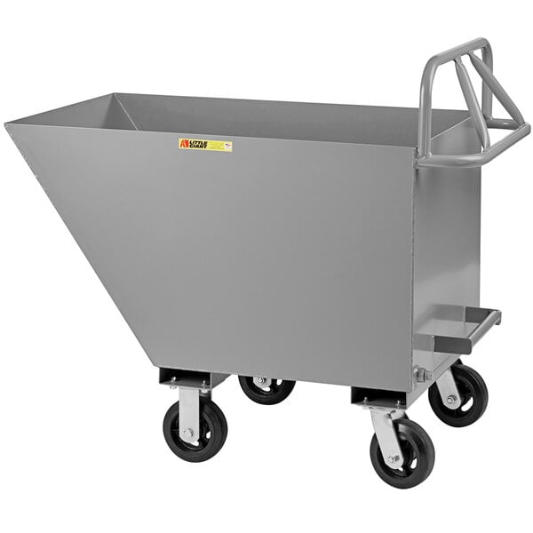 A grey metal cart with black wheels.