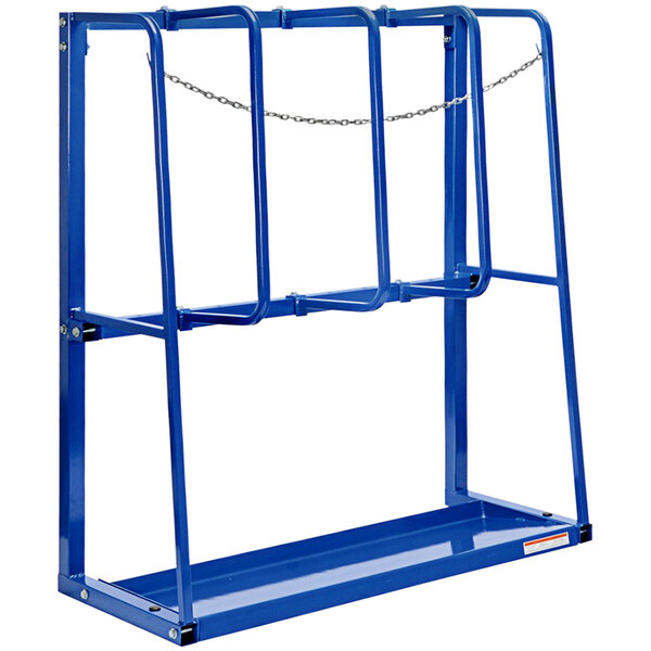 A blue metal Vestil expandable storage rack with chains.