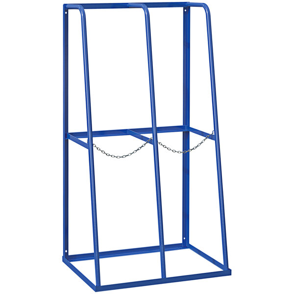 A blue metal rack with chains.
