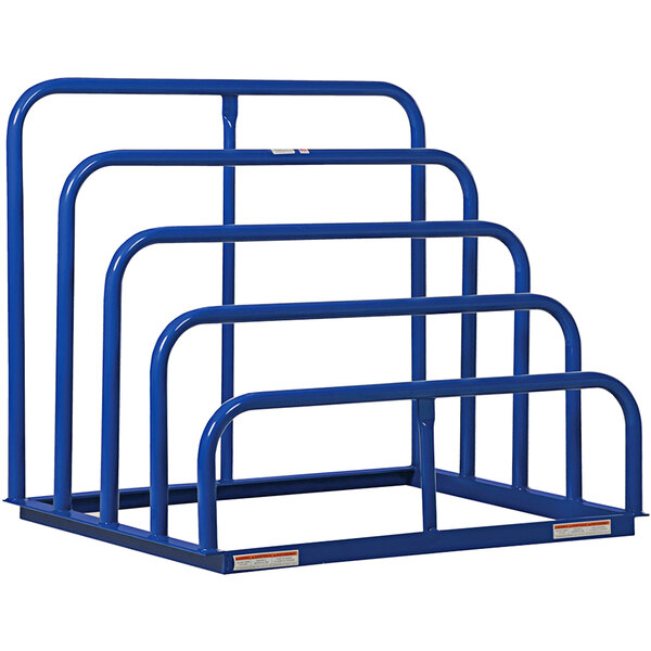 A blue metal Vestil vertical sheet rack with four metal bars.