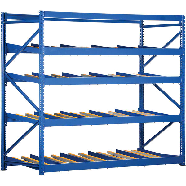 A blue steel Vestil carton rack with four levels and gravity rollers.