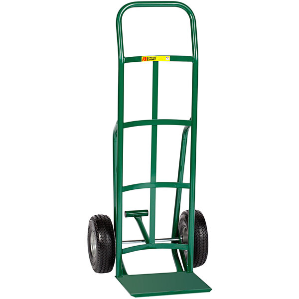 A green hand truck with black wheels and a white handle.