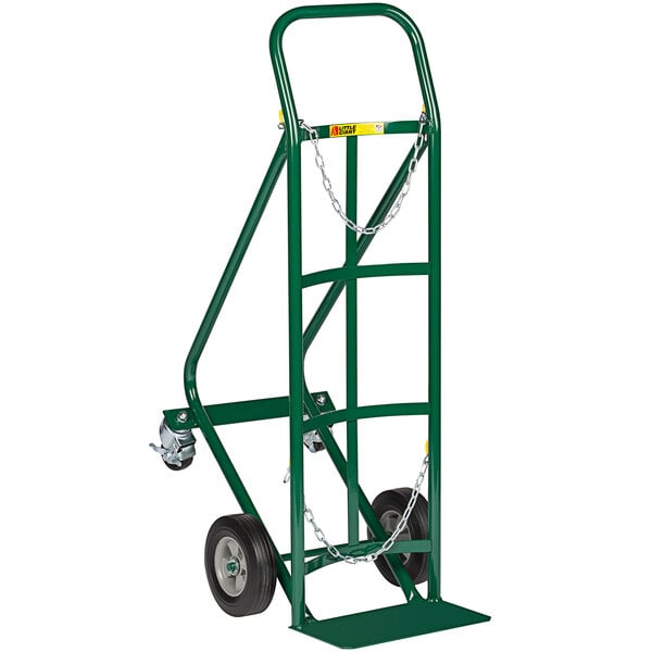 A green metal Little Giant hand truck with wheels and a tilt-back feature.
