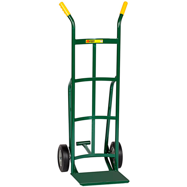 A green hand truck with yellow handles.