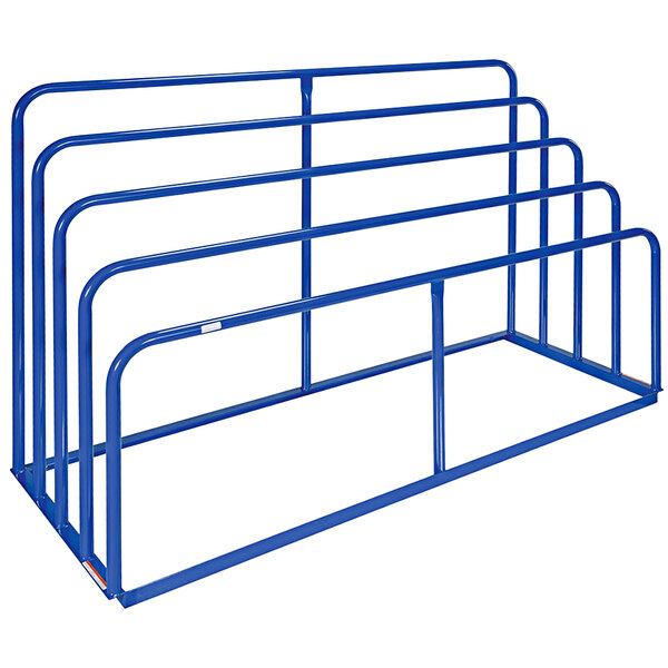 A blue metal Vestil 4-bay vertical sheet rack.