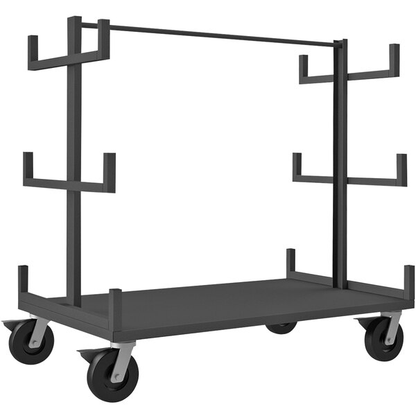 A black metal Durham pipe moving cart with black wheels.
