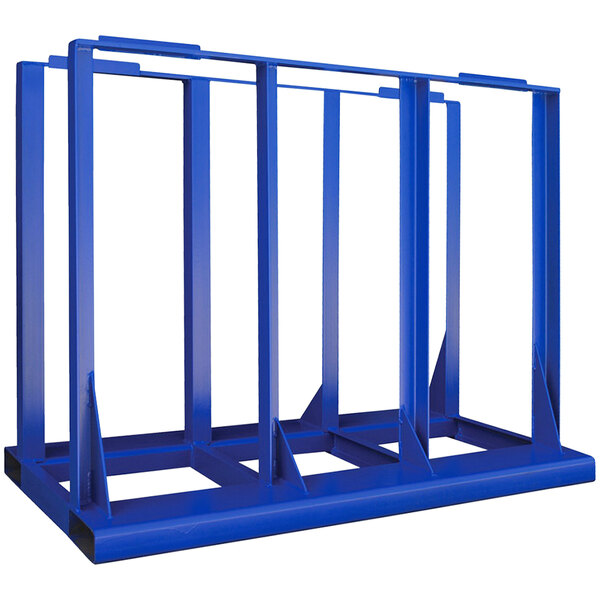 A blue metal Vestil portable sheet rack with four sections.