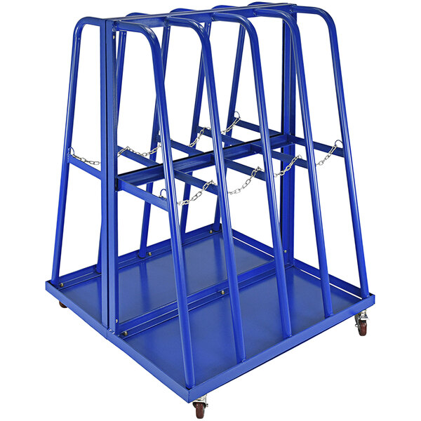 A blue Vestil mobile vertical storage rack with chains on four metal bars.