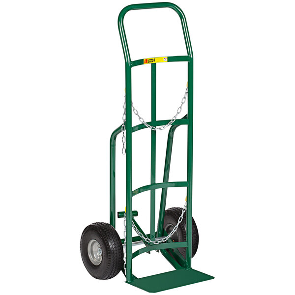 A green Little Giant gas cylinder hand truck with flat-free wheels and a chain.