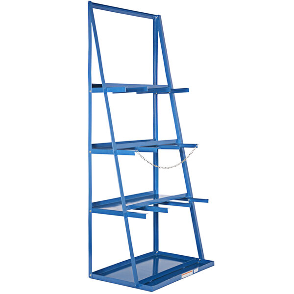 A blue steel storage rack with 3 bays and 4 shelves.