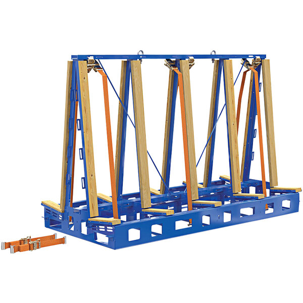 A blue and orange metal rack with wooden planks on it.