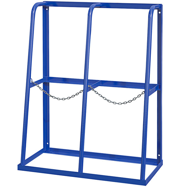 A blue Vestil steel storage rack with security chains.
