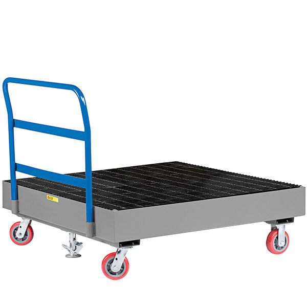 A gray metal cart with a blue handle.