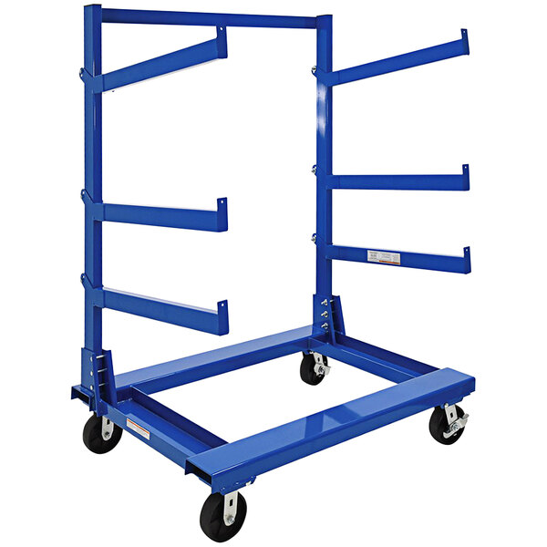 A blue metal Vestil cantilever cart with wheels.