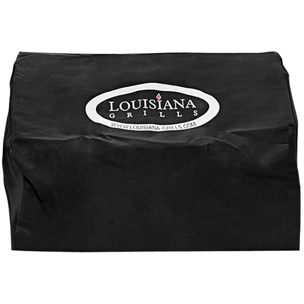 A black bag with white text that says "Louisiana Grills 53865 Cover for Estate Series"