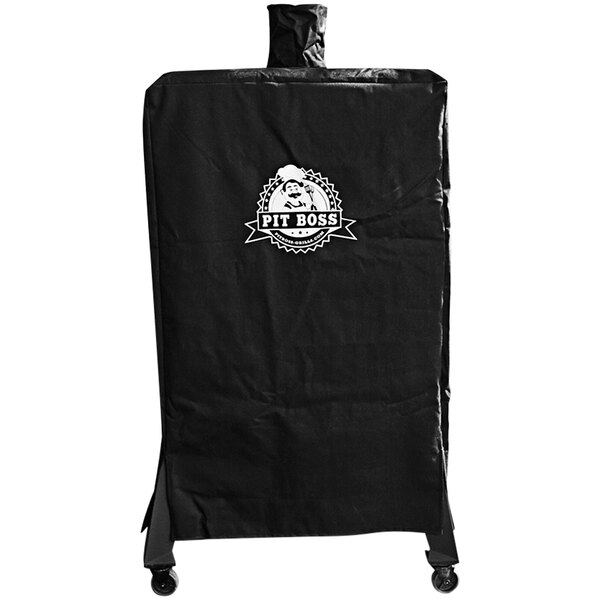 A black Pit Boss grill cover for a vertical pellet smoker.
