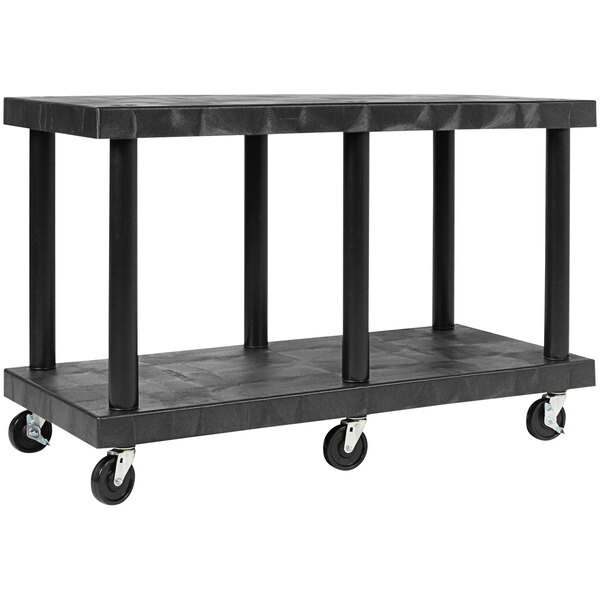 A black SPC Industrial utility cart with plastic shelves and wheels.