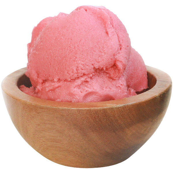 A wooden bowl with a scoop of G.S. Gelato raspberry sorbet.