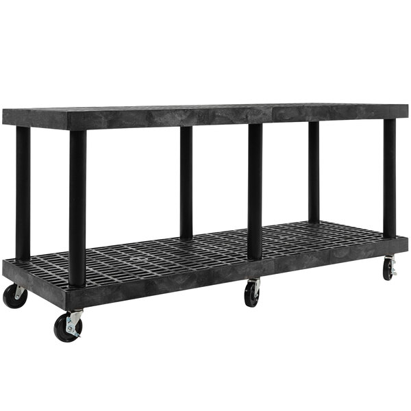 A black plastic grid utility cart with black plastic legs and wheels.