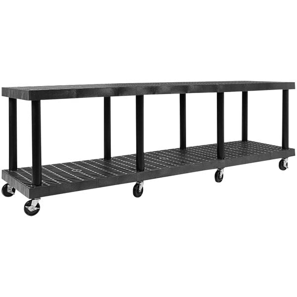 A black plastic utility cart with grid shelves and wheels.