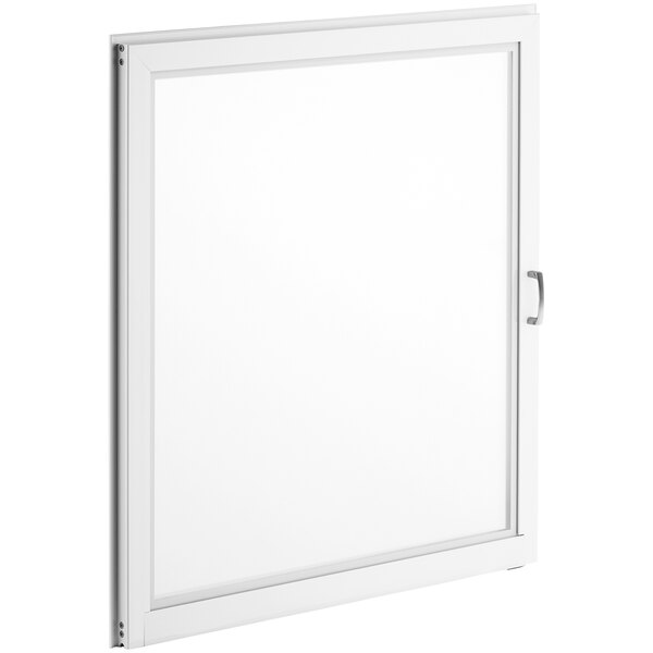 A white rectangular glass door assembly with a handle.