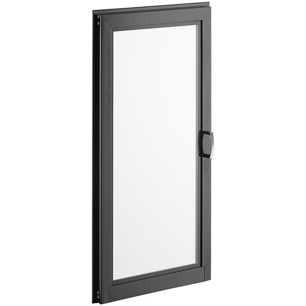 A black metal rectangular door with a glass window.