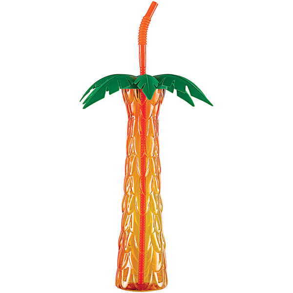 A plastic palm tree shaped cup with a straw in it.