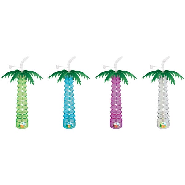 A group of colorful plastic palm tree cups with straws.