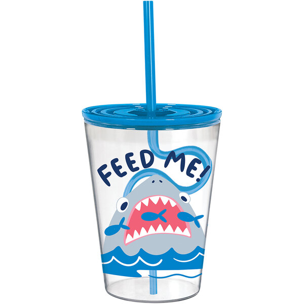 An Amscan plastic tumbler with a shark design and silly straw.