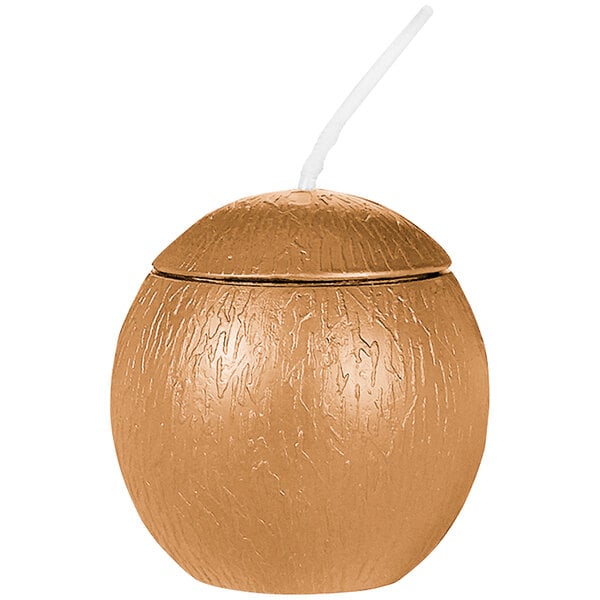 An Amscan plastic coconut shaped cup with a straw.