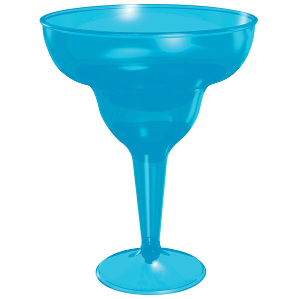 An Amscan blue plastic margarita glass with a stem.