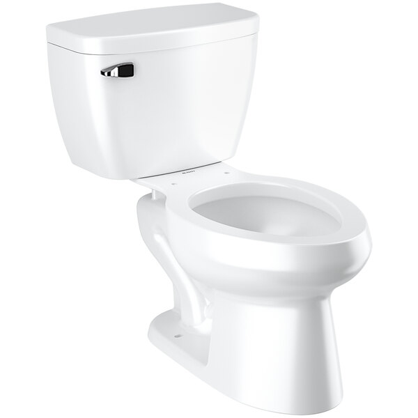 A white Sloan floor-mounted toilet with the seat up.