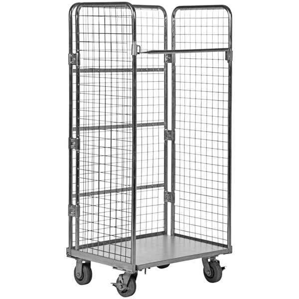 A gray steel Vestil roller container cart with wheels.