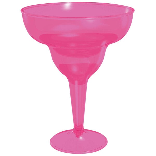 An Amscan pink plastic margarita glass with a stem.