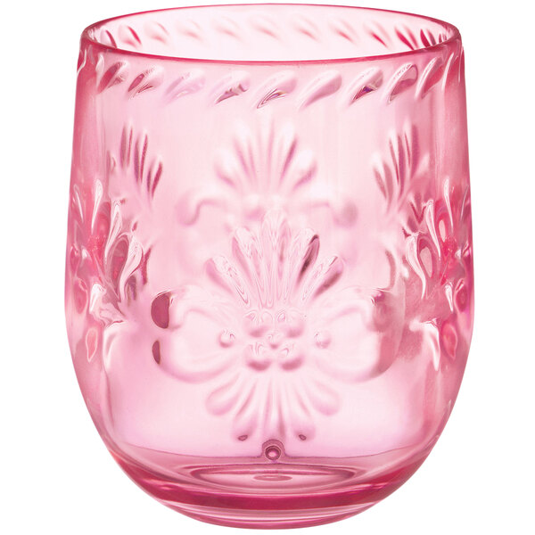 Amscan 14 oz. Plastic Pink Floral Debossed Stemless Wine Glass 12/Pack