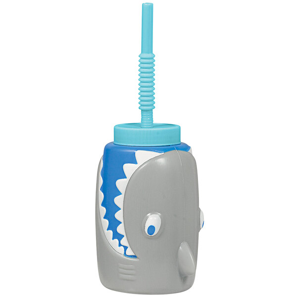 An Amscan plastic sippy cup with a shark on it.