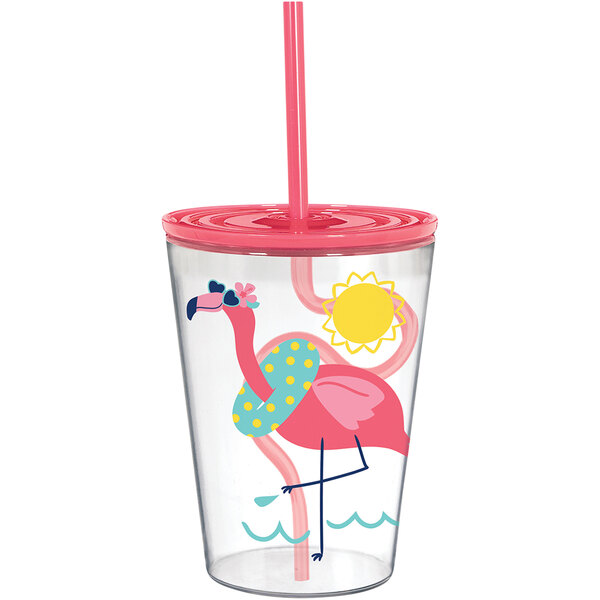 A plastic cup with a flamingo design and a straw.
