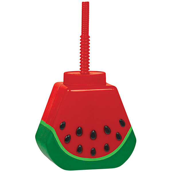 A red and green Amscan plastic watermelon shaped sippy cup with a straw.