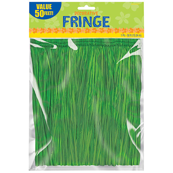 A package of green grass table skirts with white fringe.